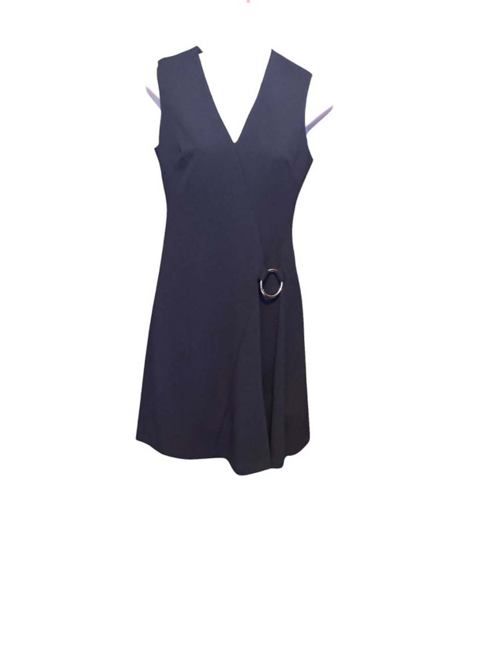 Calvin Klein Black Sleeveless V-Neck Mini Dress, O-Ring Hip Accent, Sz 2, EUC